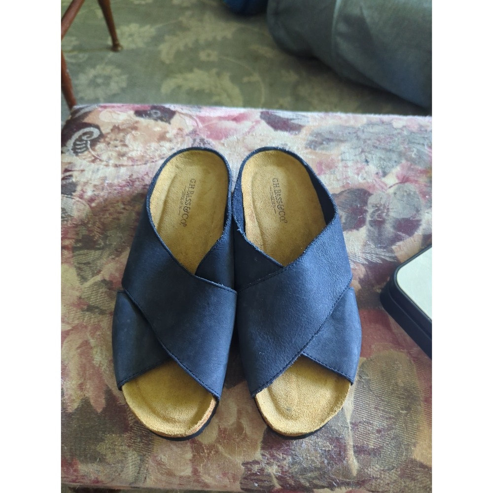 GH Bass Navy Leather Flat Slide Sandals Criss Cross Comfort Summer Women 8.5